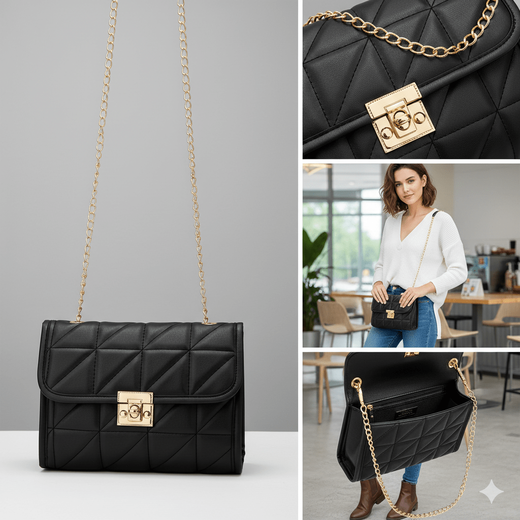 Bolso Transversal de Mujer en Matelassé con Cierre Dorado Modelo Lumière Noir